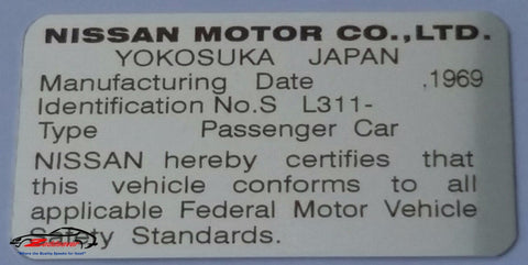 1969 Datsun Roadster Door  ID Plate