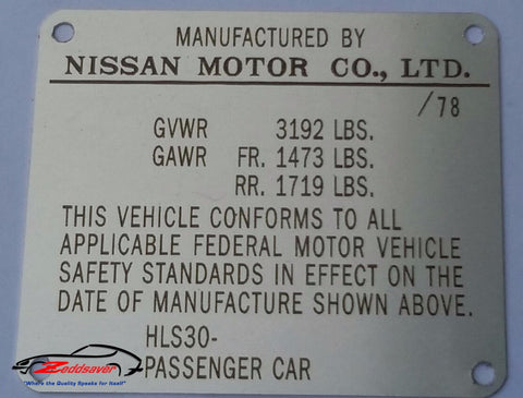 1978 Datsun 280z Door Jam ID Plate