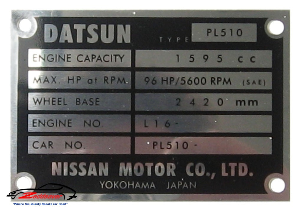 Datsun 510 Engine ID Tag | Datsun Parts for Sale | Zeddsaver